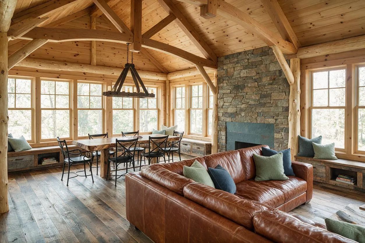 A spacious rustic sunroom with exposed timber beams, knotty wood ceilings, tall windows, and a large stone fireplace. The room features a brown leather sectional, a wooden dining table with black metal chairs, built-in window benches with cushions, and a warm natural finish throughout.