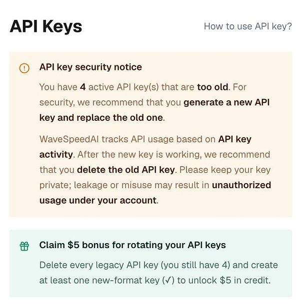 Screenshot of a Wavespeed API key management interface showing a list of API keys with options to edit or delete each key.