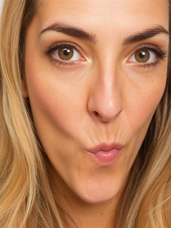A close-up portrait of a woman making a playful facial expression.