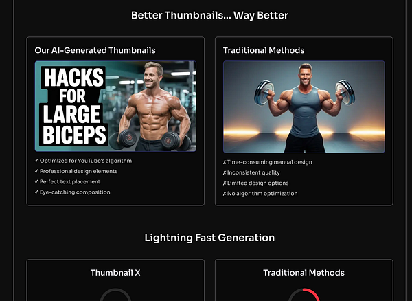 The image compares AI-generated thumbnails with traditional methods for creating YouTube thumbnails.