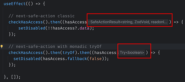 Code snippet demonstrating the use of a monadic wrapper for handling results in a React component.