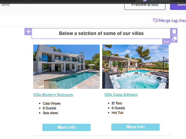 A detailed layout of a Mediterranean villas newsletter design featuring multiple villa images and descriptive text sections.