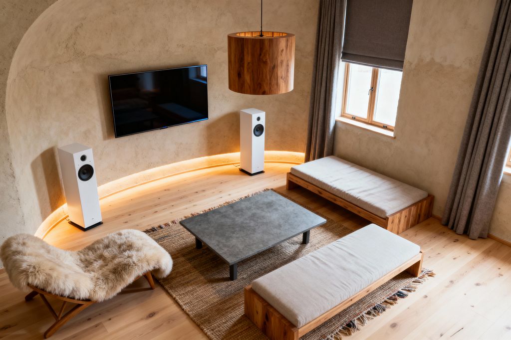 A Scandinavian-style media room features a curved plaster alcove with a wall-mounted TV, flanked by two white floorstanding speakers and a warm LED cove light along the base. Low wood-framed daybeds with beige linen cushions surround a square concrete coffee table on a woven jute rug, with a sheepskin-draped lounge chair, wood-veneer drum pendant, light pine flooring, and gray curtains framing wood windows.