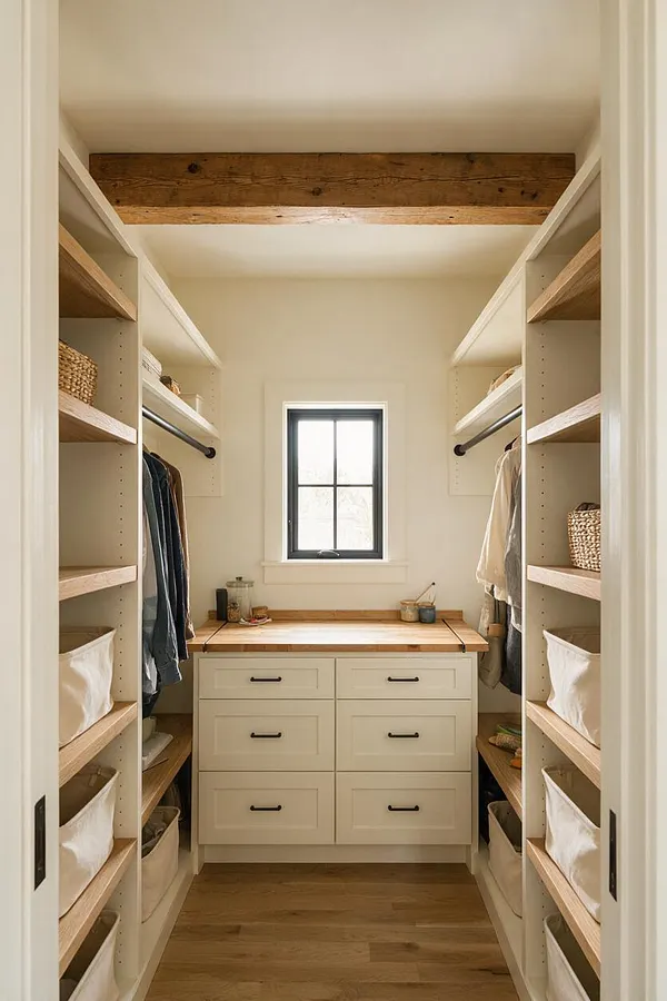 A narrow farmhouse-style closet with built-in shelving and hanging rods on both sides, white drawers at the back, and a wood countertop beneath a small black-framed window. A rustic wood beam spans the ceiling, and the space is finished in soft white walls, natural wood shelving, and woven storage baskets.