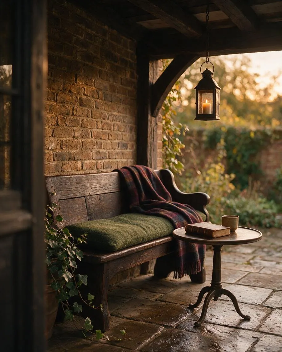 A dark academia-inspired covered porch with a weathered brick wall, wooden bench, and stone floor. A hanging lantern glows above a small round side table holding a book and cup, while ivy and warm autumn light create a cozy, scholarly atmosphere.