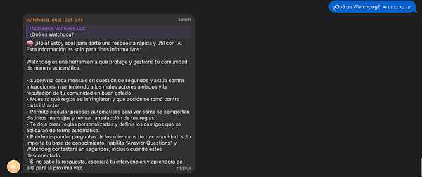 A chat interface displaying a conversation about the Watchdog tool.