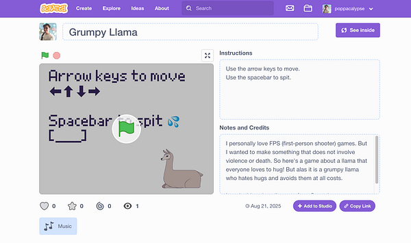 The image displays a Scratch project titled 'Grumpy Llama' featuring game instructions and a character design.