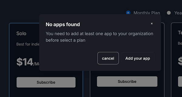 A subscription interface displaying an error message indicating no apps are found in the organization.