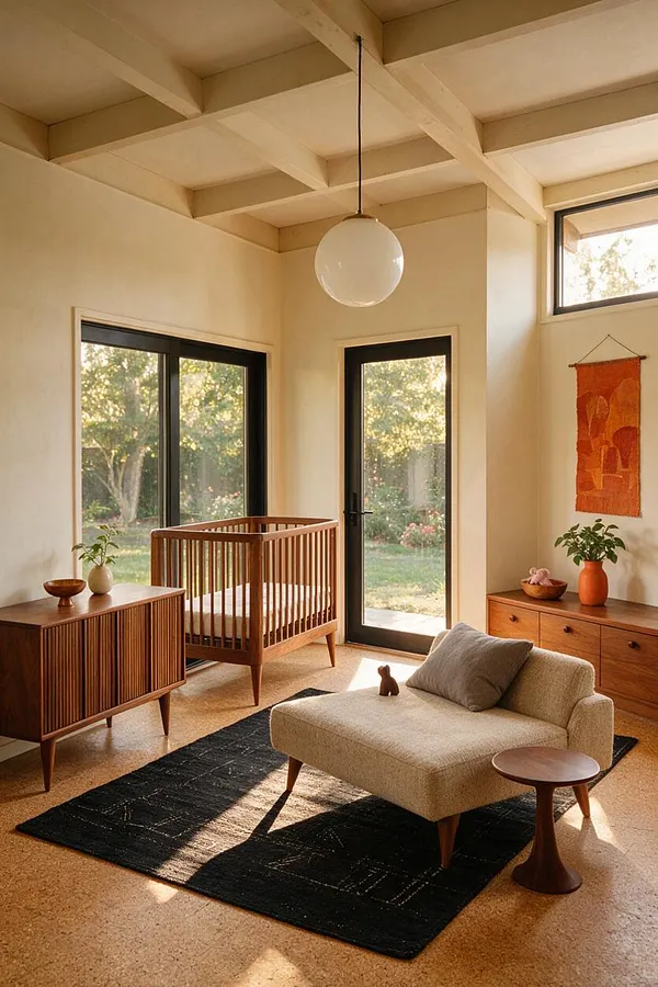 A sunlit nursery features a walnut crib, matching storage pieces, and a cream lounge chair arranged over a dark rug. Large black-framed windows and a globe pendant highlight the warm neutral room with natural textures and clean mid-century lines.