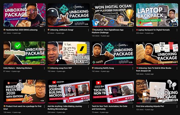 A collection of YouTube video thumbnails related to unboxing packages and tech topics.