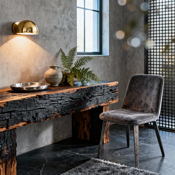 Industrial-style living room vignette with a thick charred wood console against a raw concrete wall, lit by a polished brass half-dome wall sconce. On the console sit a stainless bowl, a ceramic vase, and fresh fern stems. A gray velvet chair with blackened steel legs rests on dark stone flooring beside a soft gray shag rug. A black steel–framed window and a perforated metal screen complete the scene with natural light and graphic texture.