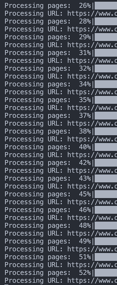 The image displays a terminal or console window showing the progress of a page processing task.