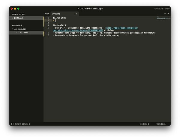A screenshot of a markdown file editor displaying a task log for a project.