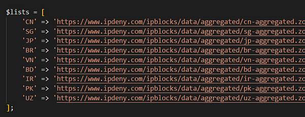 Screenshot of a code editor showing a script defining IP addresses and comments about countries for an IP block script.