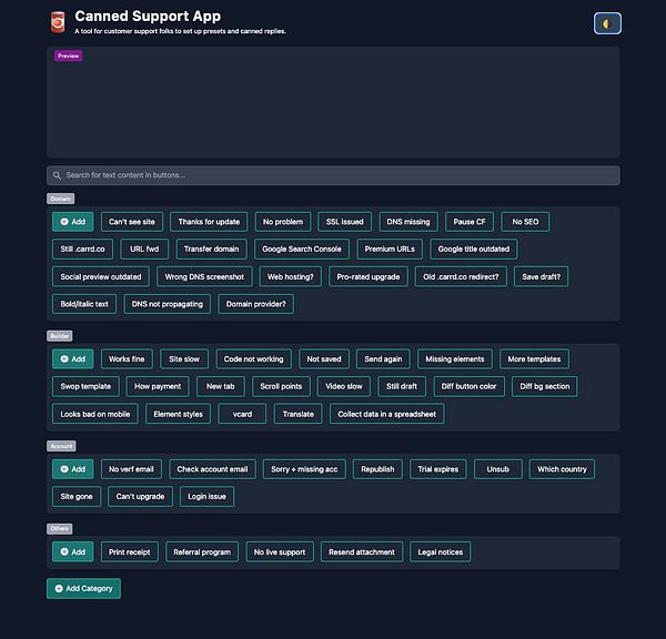 The image displays a user interface for a Canned Support App designed for customer support with various preset replies organized into categories.