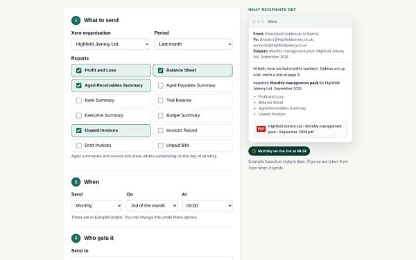 User interface for automating Xero report emailing with options to select reports, schedule sending time, and specify recipients, including a preview of the email contents.