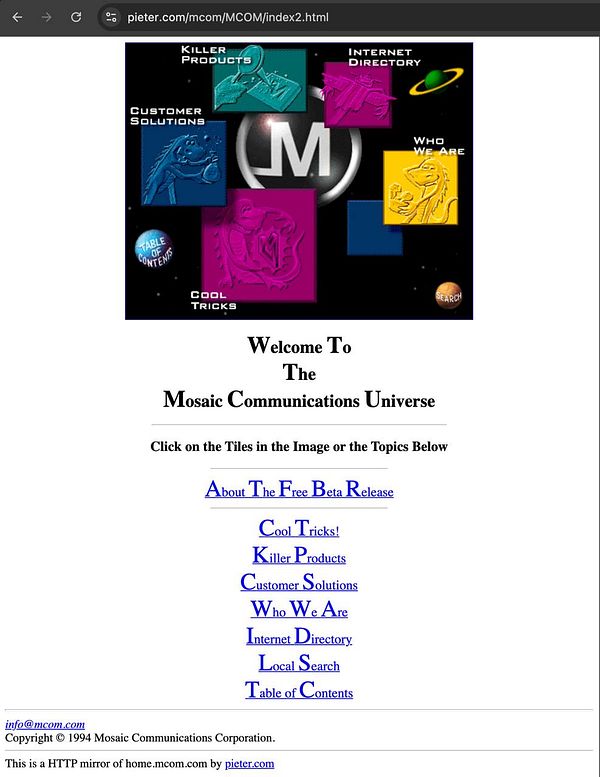 The image displays a vintage web page for Mosaic Communications, featuring a colorful layout with clickable tiles and navigation links.