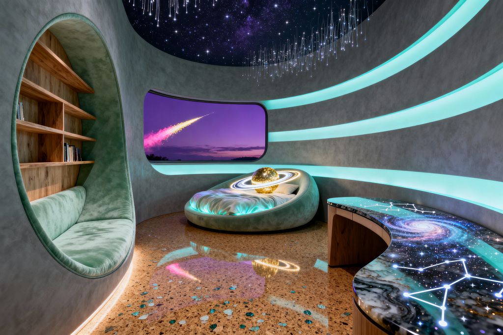 A curved, space-themed kids’ bedroom features a mint velvet pod bed encircled by illuminated Saturn rings and a glowing golden planet lamp, set against soft gray microcement walls with sweeping aqua LED bands. A fiber‑optic star ceiling, a large picture window showing a purple twilight sky, a built‑in reading nook with oak bookshelves, a wave-shaped desk with a glossy galaxy epoxy surface, and terrazzo flooring with colored glass chips complete the playful Cosmic Chic scene.