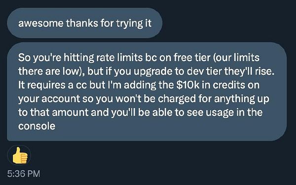 A conversation discussing Groq credits and account upgrades.