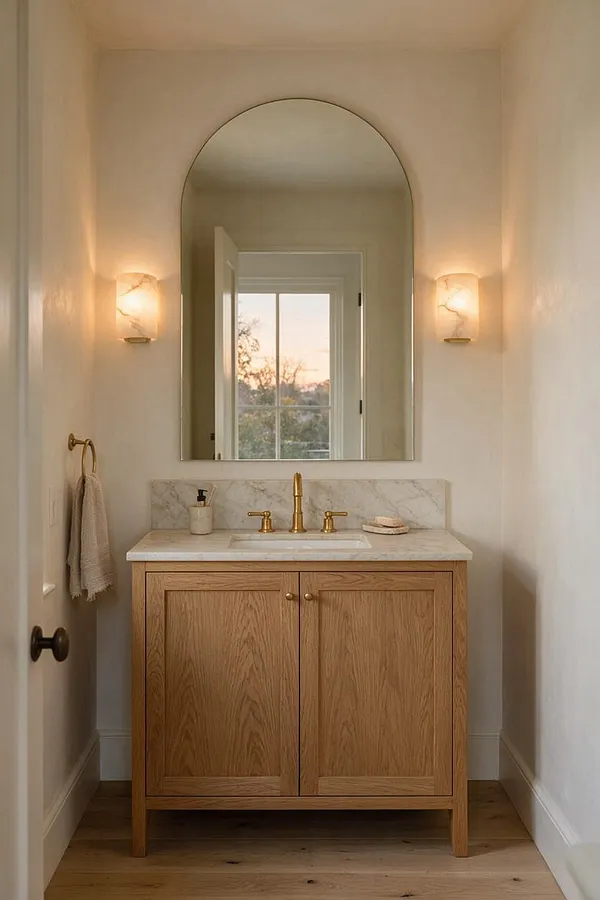 A narrow powder room with cream walls, an arched mirror above a light oak vanity, and a marble countertop with a brass faucet. Soft wall sconces glow on either side, and a window reflected in the mirror brings in natural light.