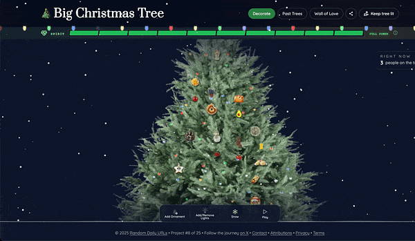 An interactive digital Christmas tree adorned with various ornaments and a snowy background.