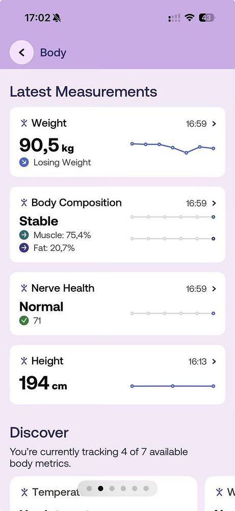 A detailed body composition report from a medical analysis machine shows various health metrics including weight, BMI, muscle mass, and water content with color-coded values indicating risk levels.
