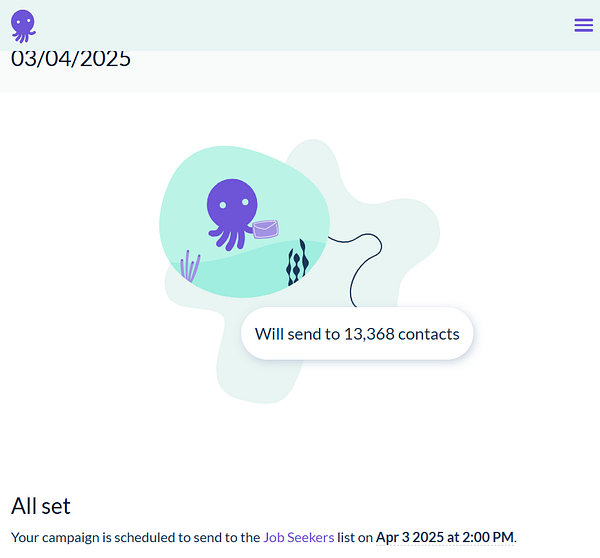 A digital interface displaying a scheduled newsletter campaign for job seekers.