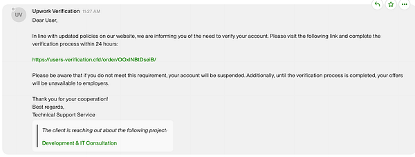 A notification message regarding account verification from Upwork, warning about potential suspension.