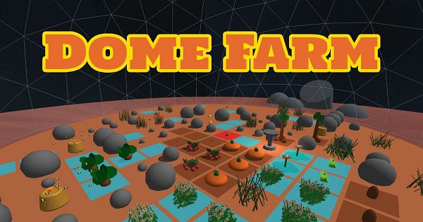 A vibrant 3D rendering of a farming simulation game titled 'Dome Farm'.
