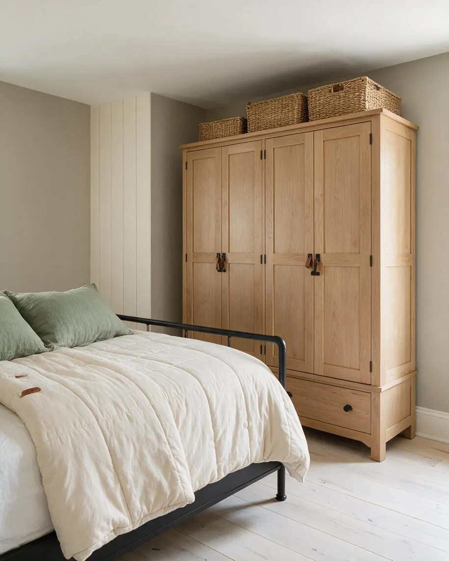 A calm farmhouse guest bedroom with a black metal bed frame dressed in white bedding and sage green pillows. A light oak wardrobe with woven baskets on top anchors the room against soft taupe walls and whitewashed wood floors.