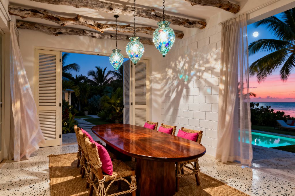 A tropical dining area opens to a pool and ocean at sunset, with a glossy oval wood table and woven rope chairs topped with bright pink cushions on a jute rug. Three aqua mosaic pendant lights hang from a ceiling of driftwood beams, scattering light over white painted block walls, cream louvered doors, terrazzo flooring, and sheer curtains that billow toward palm trees outside.