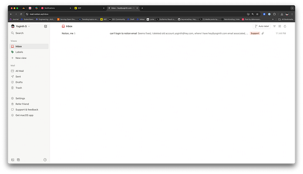 The image displays an email interface showing an inbox with a message about login issues related to Notion email.