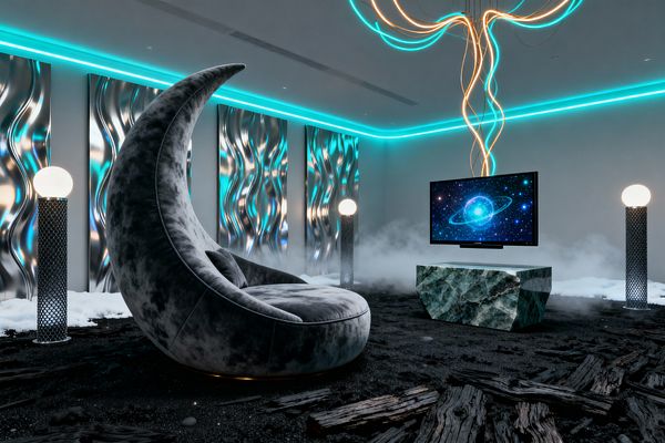 A futuristic media room features a crescent-shaped gray velvet lounge facing a wall-mounted television above a faceted green marble console. Wavy polished metal panels glow under teal LED cove lighting as looping neon tubes descend from the ceiling, globe lamps on perforated black metal columns flank the scene, and fog drifts across a black sand floor with charred wood, creating a dramatic, space-inspired atmosphere.