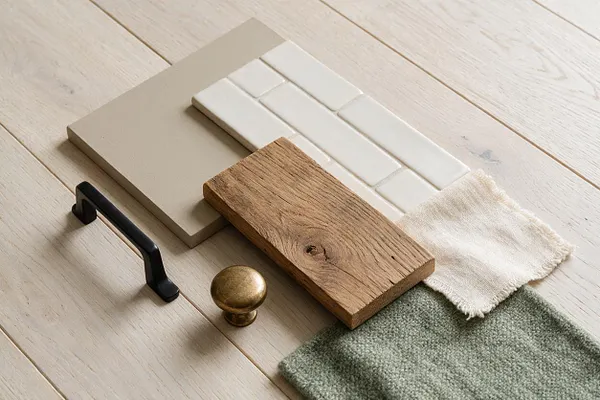 A flat lay of farmhouse-style material samples on a pale wood floor, including a beige painted board, white subway tile, a weathered oak plank, a cream fabric swatch, a sage green textured textile, and black and brass cabinet hardware. The arrangement highlights rustic, soft, and refined finishes in a neutral palette.