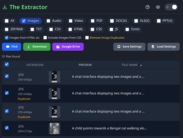 The interface of a tool called 'The Extractor' displaying a list of image files with options for filtering and downloading.