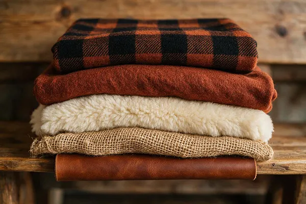 A stack of folded rustic textiles sits on a weathered wooden bench. The fabrics include a black-and-red plaid blanket, a rust-colored wool layer, cream faux fur, burlap, and a brown leather-like piece, creating a warm farmhouse look.