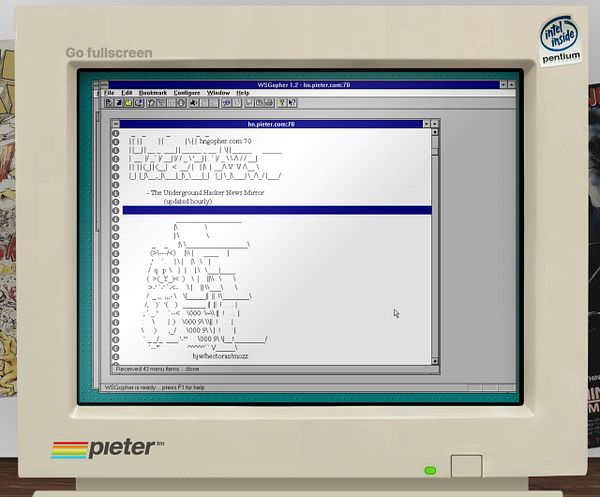 A vintage computer screen displays a Gopher client interface showing a Hacker News mirror.