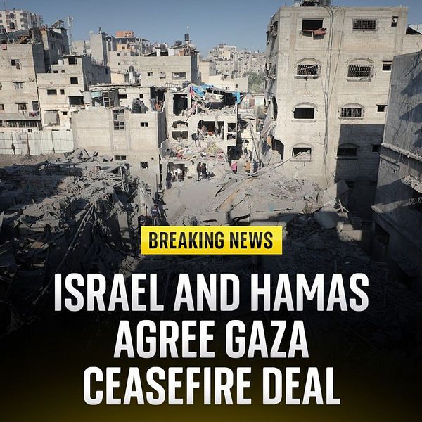 The image depicts a devastated urban area with damaged buildings and debris, accompanied by a breaking news headline about a ceasefire agreement.