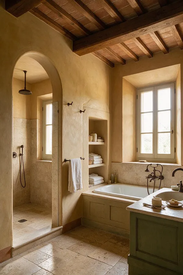 A Mediterranean-style bathroom with plaster walls, exposed wood ceiling beams, and stone-look tile flooring. The room includes an arched walk-in shower, a built-in bathtub niche with open shelving, a double vanity with a pale countertop, and tall white-framed windows filling the space with natural light.