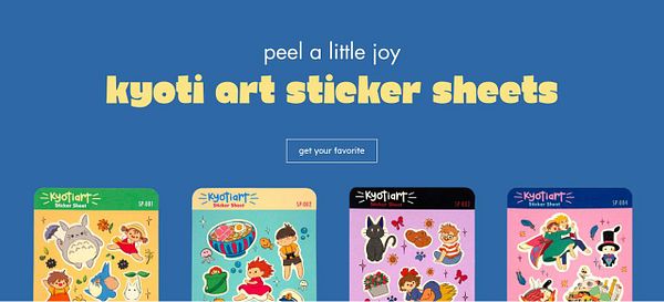 A promotional banner for Kyoti art sticker sheets featuring colorful designs and playful text.