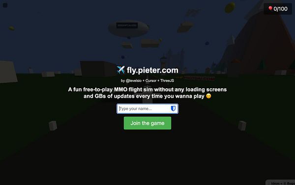 The image displays the homepage of the game fly.pieter.com, featuring a playful and colorful design.