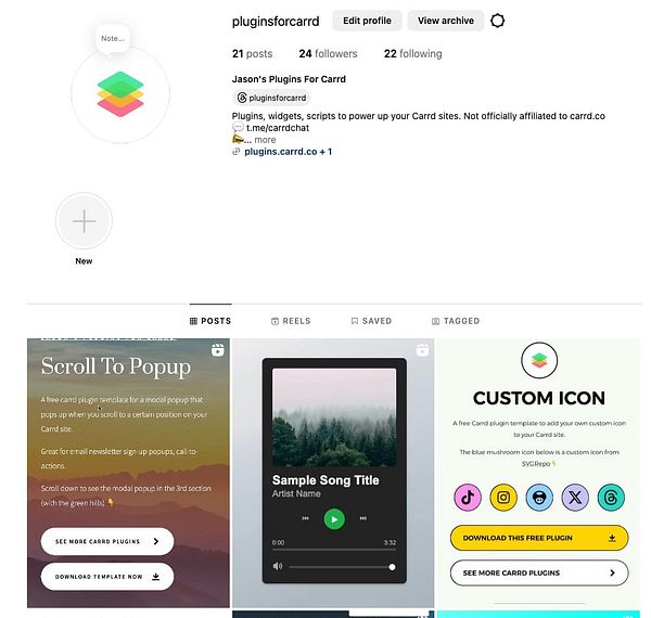 The image displays an Instagram profile dedicated to plugins for Carrd, featuring a post about the 'Scroll To Popup' plugin.