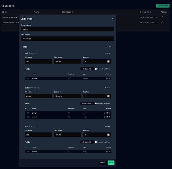 The image displays a user interface for editing screen settings in a software application.