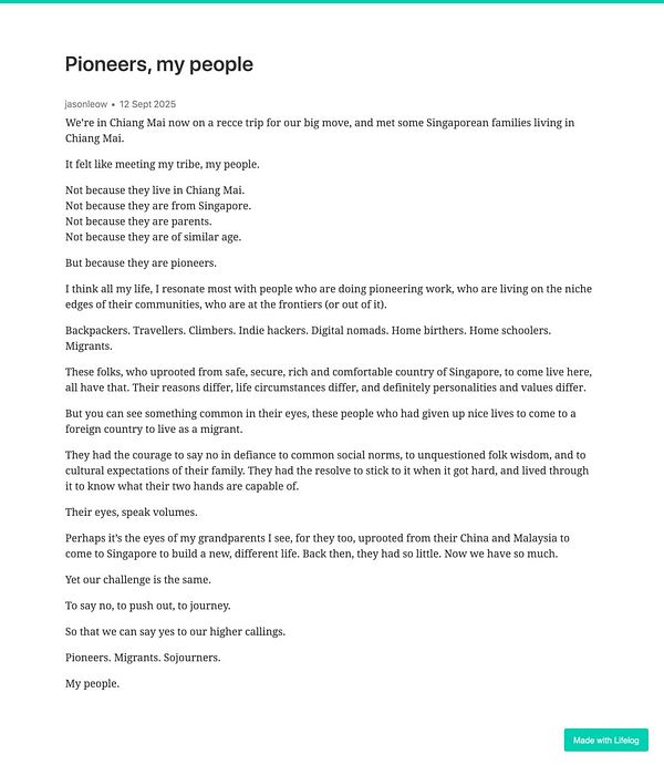 The image features a blog post titled 'Pioneers, my people' reflecting on the author's experiences in Chiang Mai.