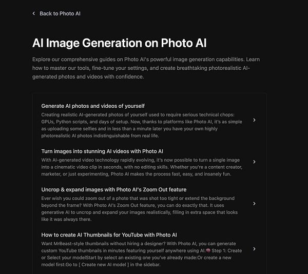 The image displays a webpage focused on AI image generation capabilities of Photo AI.