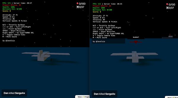 The image displays a split-screen view of a flight simulation game interface with gameplay statistics and controls.