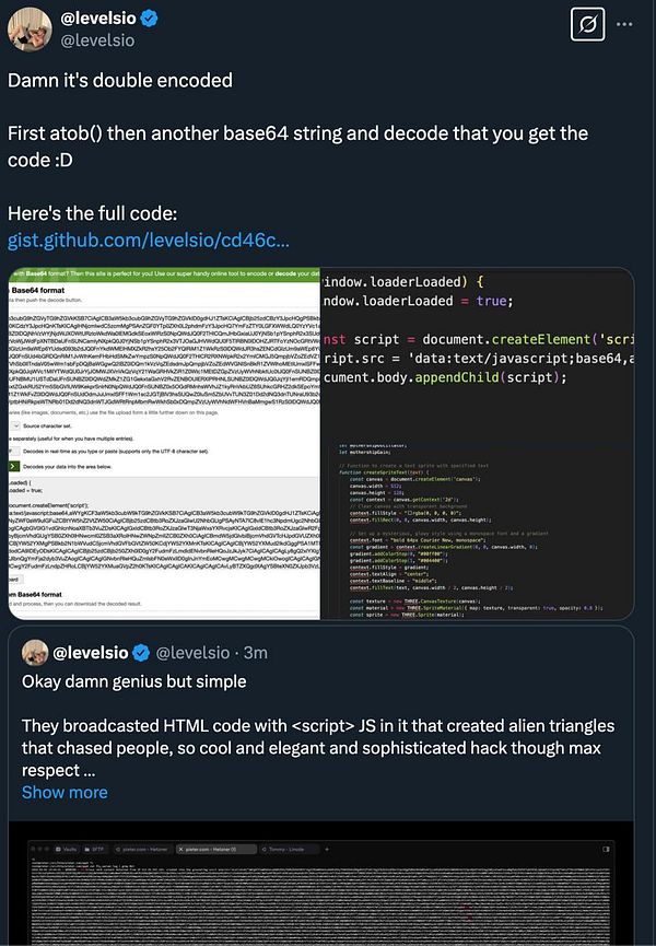 A Twitter conversation discussing a complex coding hack involving double-encoded JavaScript and alien-like triangle planes.