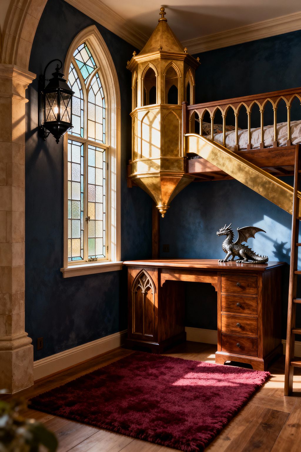 A children’s bedroom styled like a small castle features deep blue walls, an arched leaded-glass window, and a black wrought-iron lantern sconce. A wooden loft bed with pointed-arch railing connects to a gilded turret with a curved slide, while a carved hardwood desk below holds a dragon figurine. A burgundy shag rug lies on hardwood floors, with cream crown molding and a stone column framing the sunlit scene.