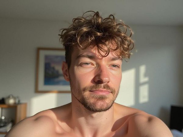 A man with curly hair is sitting in a sunlit room, looking thoughtfully at the camera.