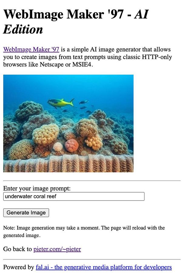 The image displays a webpage for an AI image generator called WebImage Maker '97, featuring an underwater scene with coral and fish.